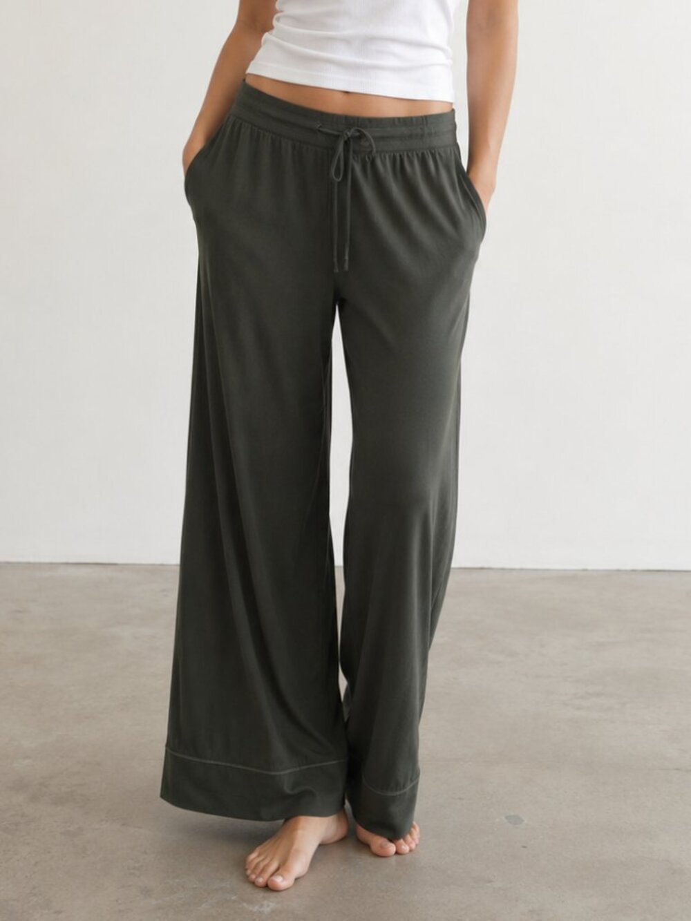 GAP BODY Softest Modal Wide Leg Drawstring Pajama Lounge Pants Olive Sz M EUC